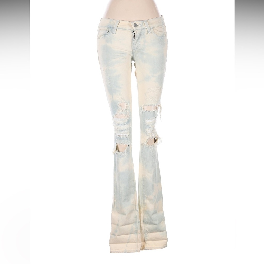 J Brand Light Blue and Cream Distressed Flare Jeans